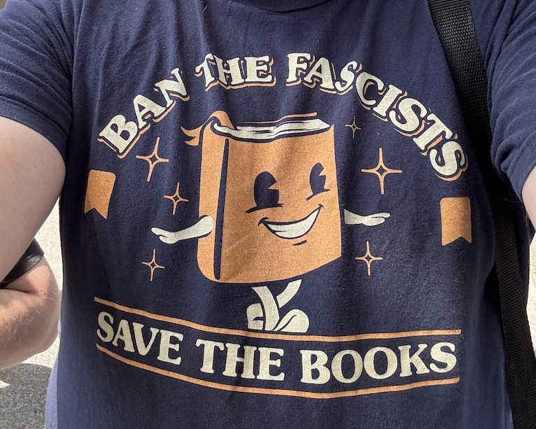 A picture of my anti-fascist, pro-reading T-shirt from Boredwalk