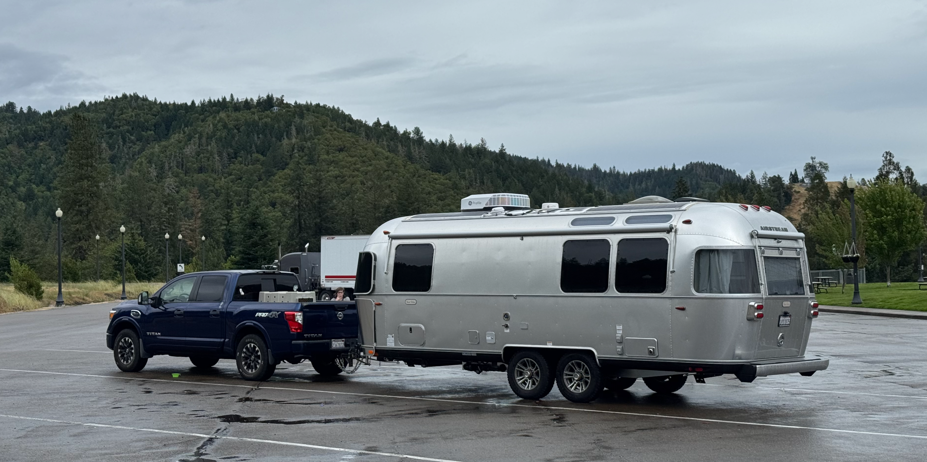 The truck and Airstream at a southern Oregon rest stop